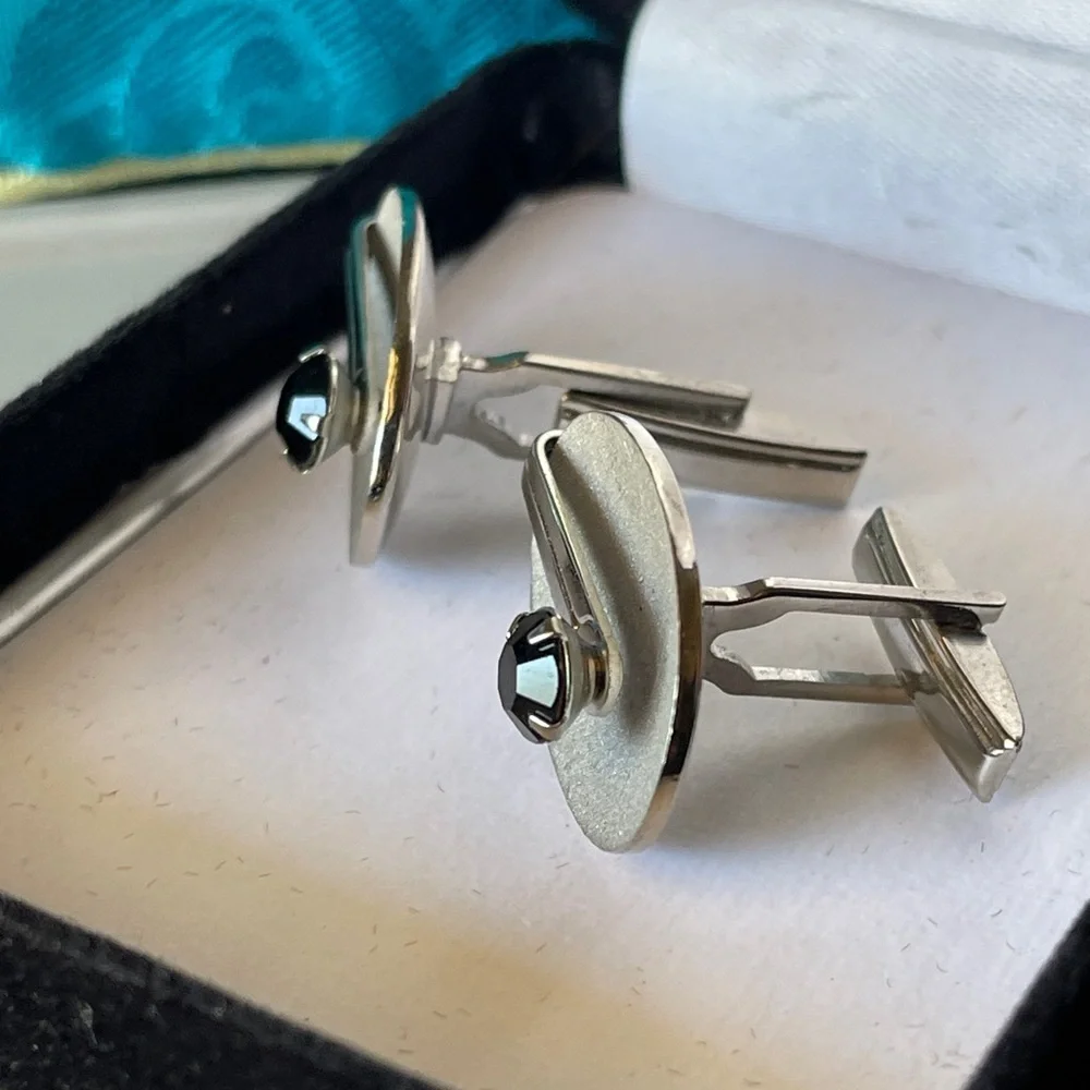 Silver Oval Cufflinks with Black Stone Accent